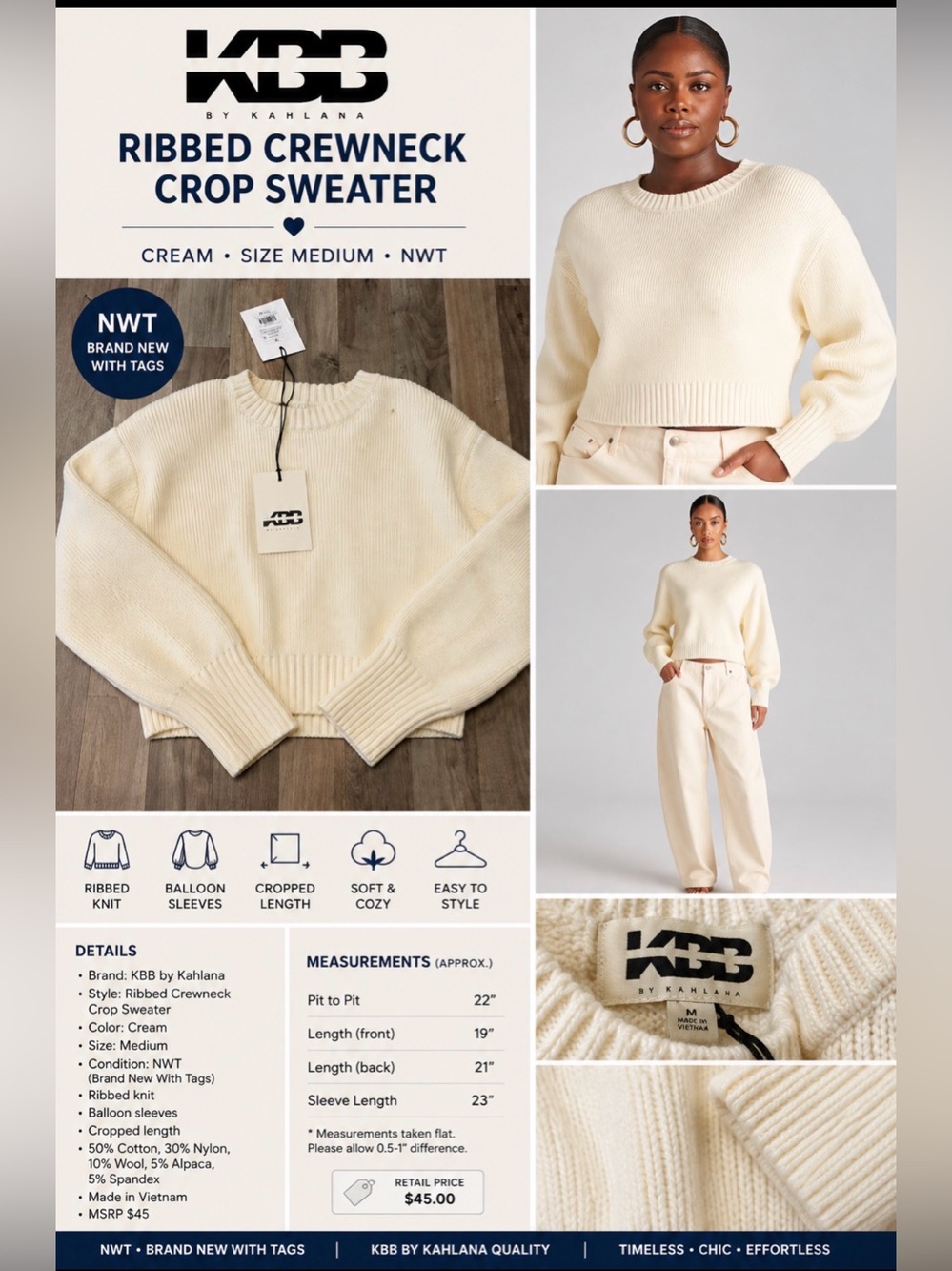 KBB by Kahlana Cream Ribbed Cropped Sweater – NWT – Size Medium